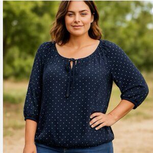 Dressbarn Women’s Blouse Plus 1X Blue White Polka Dot Boho 3/4 Sheer Sleeve